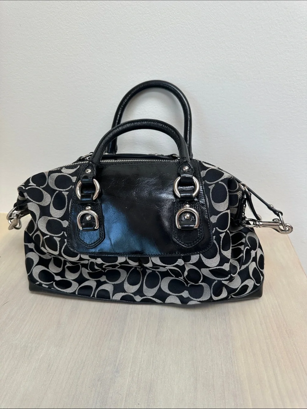 Coach Black & Gray Signature Satchel with Leather Trim
